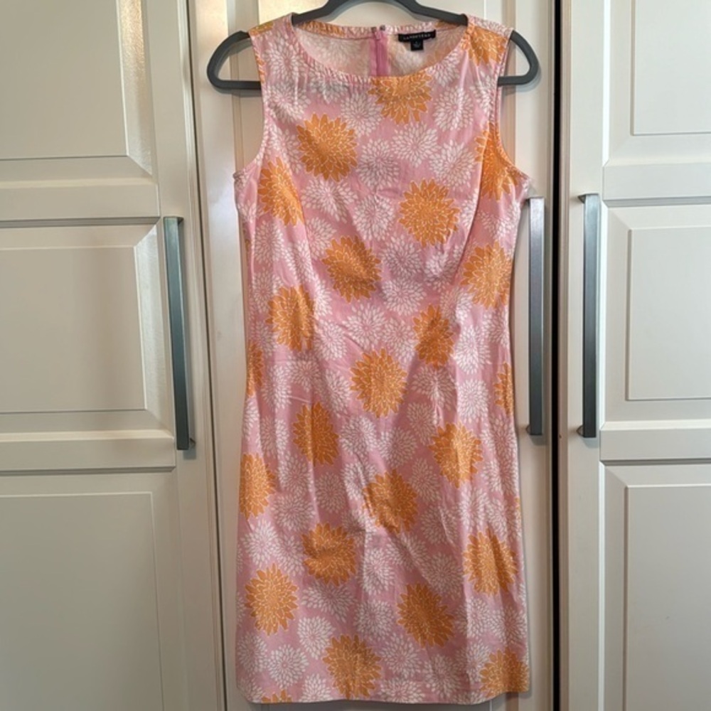 Lands’ End sleeveless dress, pink and orange floral, size 6